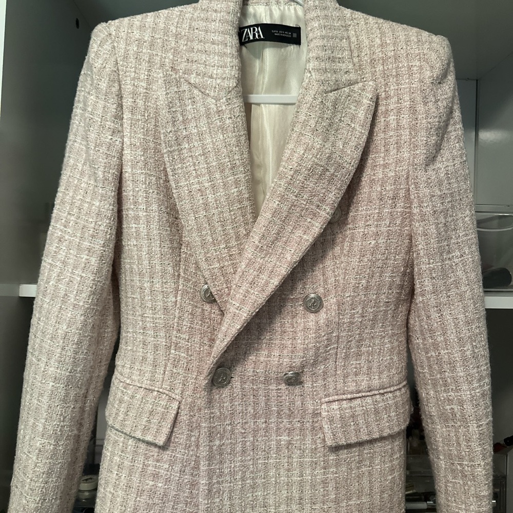 Zara pink double breasted pink tweed blazer
